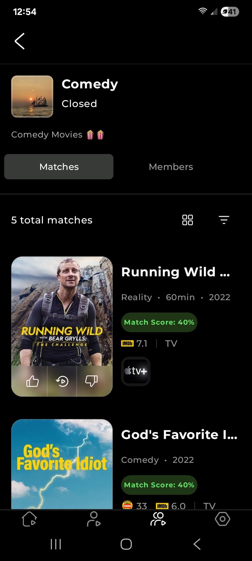WatchPod app screenshot showing a Pod with matches